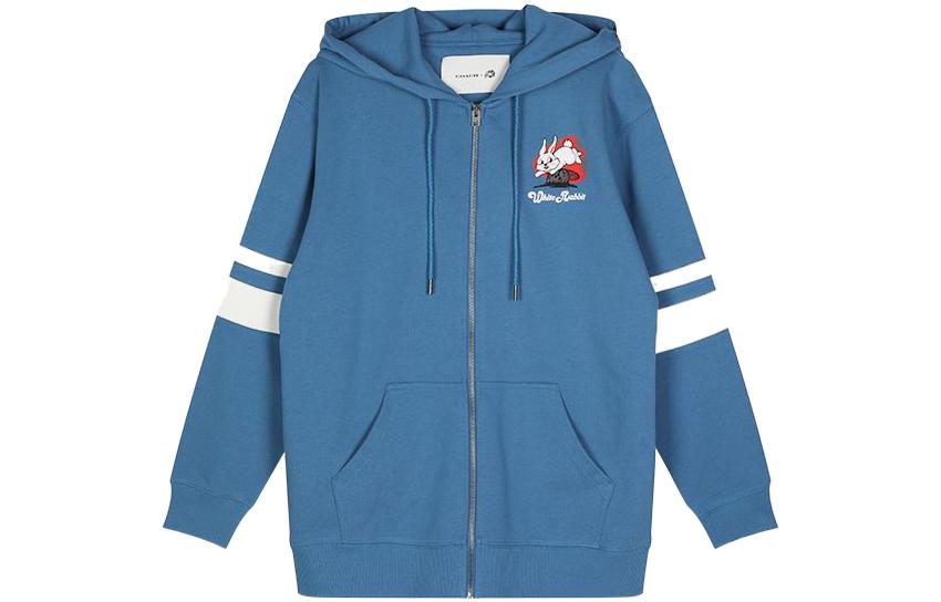 COACH White Rabbit Striped Cartoon Print Zip Hoodie Unisex Blue Mix. CG263-BL