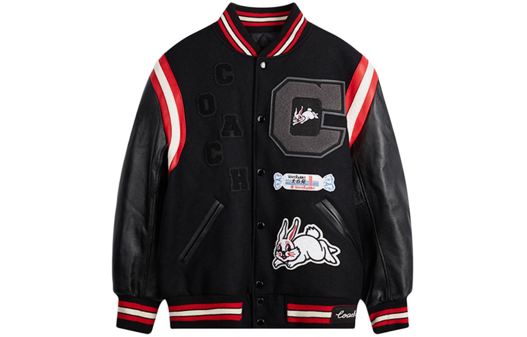 COACH White Rabbit Varsity Animal Print Casual Jacket Black for Men CF416-BLC