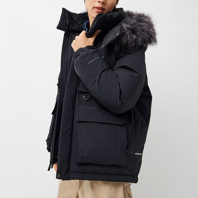 Sizing 哥伦比亚黑色保暖羽绒夹克，可拆卸帽子和多功能口袋 YM3385-010