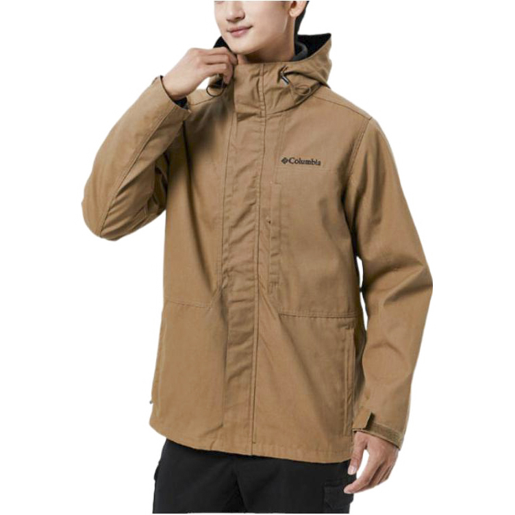 Sizing Columbia Jaket Hoodie Zip Logo Sulam Warna Khaki WE0399-257