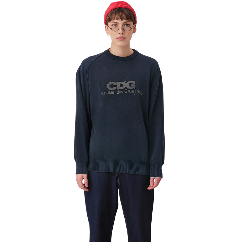 Sizing Comme Des Garçons CDG 標誌印花長袖圓領運動衫 男女同款 海軍藍 SZ-N003-NAVY-BLUE