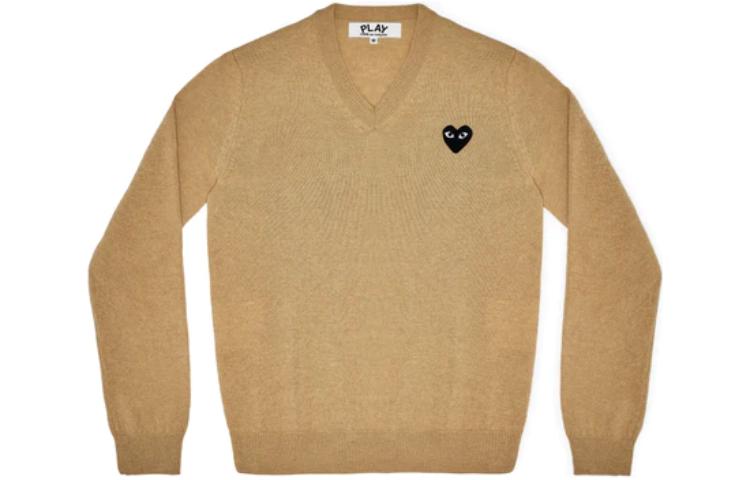 Comme Des Garçons CDG Play  Beige V-Neck Sweater with Solid Logo Design. AZ-N018-051-3