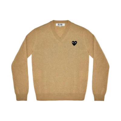 Comme Des Garçons CDG Play Beige V-Neck Sweater with Solid Logo Design. AZ-N018-051-3