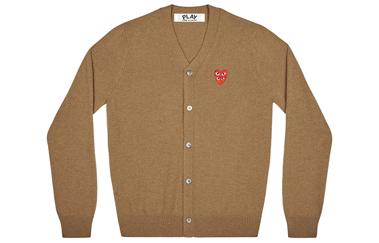 Comme Des Garçons CDG Play  Brown Wool Cardigan with Red Heart Logo V-Neck Sweater AZ-N076-051-3