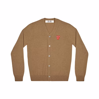 Comme Des Garçons CDG Play Brown Wool Cardigan with Red Heart Logo V-Neck Sweater AZ-N076-051-3