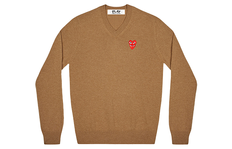 Comme Des Garçons CDG Play  Brown Wool Sweater with Double Heart Logo V-Neck Design. AZ-N074-051-3
