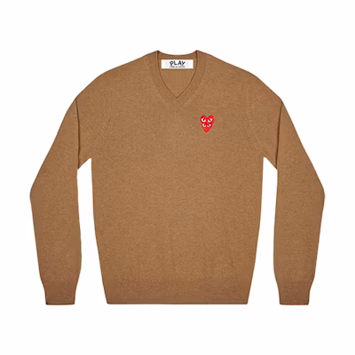 Comme Des Garçons CDG Play Brown Wool Sweater with Double Heart Logo V-Neck Design. AZ-N074-051-3
