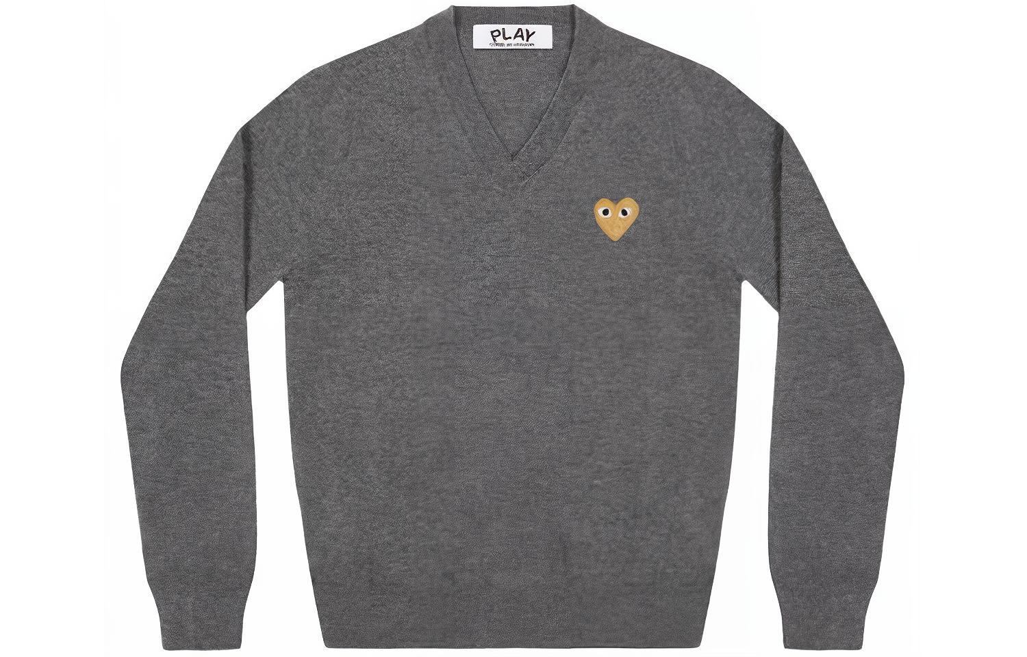 Comme Des Garçons CDG Play  Grey V-Neck Sweater with Solid Logo Print. AZ-N048-051-3