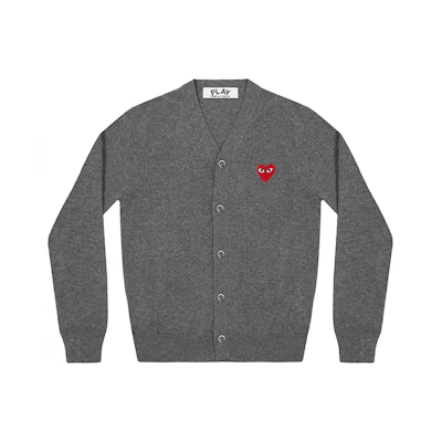 Comme Des Garçons CDG Play Grey Wool Cardigan Sweater with Red Heart Logo. AZ-N008-051-3