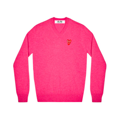 Comme Des Garçons CDG Play Pink Wool Sweater with Double Heart Logo V-Neck Design. AZ-N074-051-4