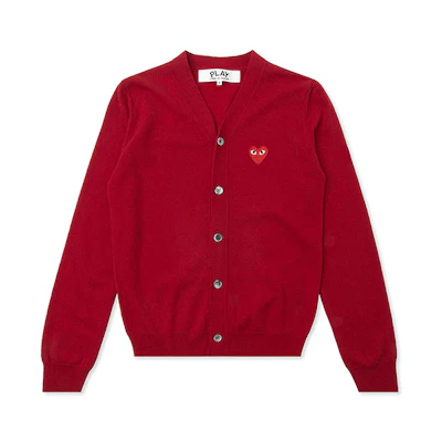 Comme Des Garçons CDG Play Red V-Neck Cardigan Wool Sweater with Heart Logo. AZ-N008-051-5