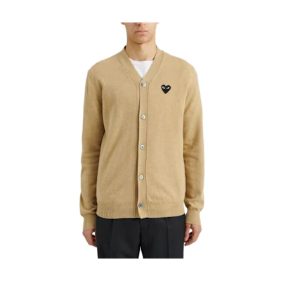 Comme Des Garçons CDG Play V-Neck Cardigan with Logo, Long Sleeve Knit Camel Color. AX-N024-051-3