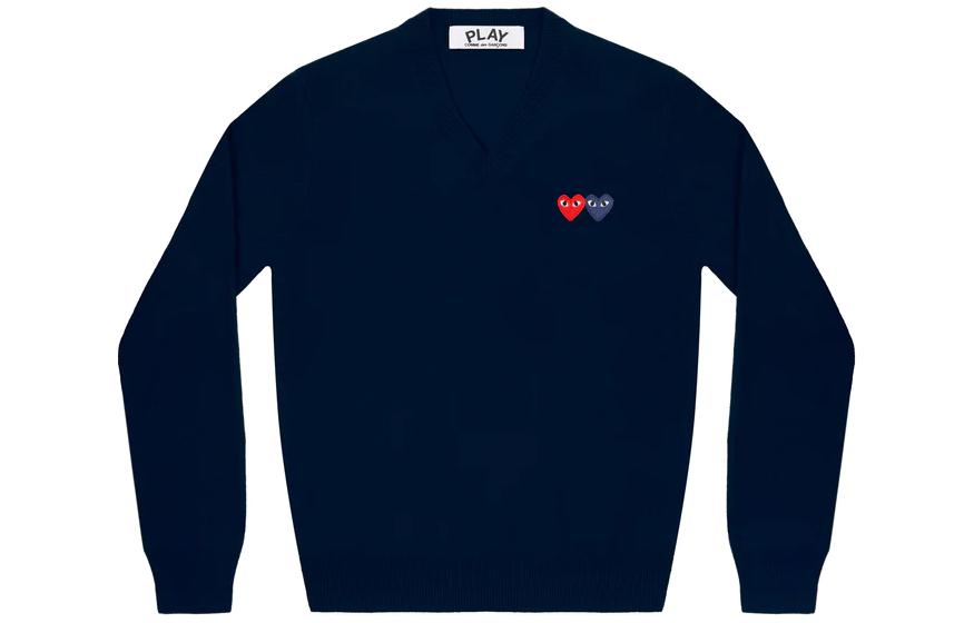 Comme Des Garçons CDG Play  V-Neck Pullover Sweater Double Heart Logo Navy Blue. AZ-N056-051-2