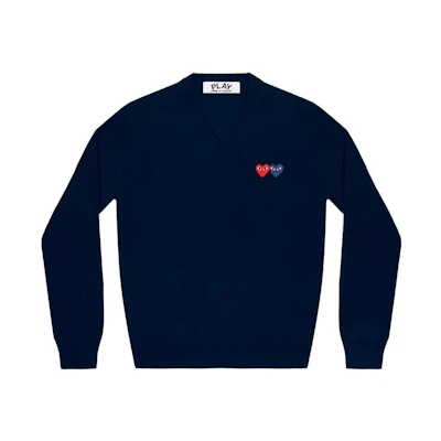 Comme Des Garçons CDG Play V-Neck Pullover Sweater Double Heart Logo Navy Blue. AZ-N056-051-2