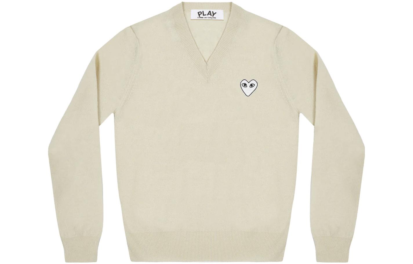 Comme Des Garçons CDG Play  V-Neck Pullover Sweater White with Embroidered Heart. AZ-N064-051-3