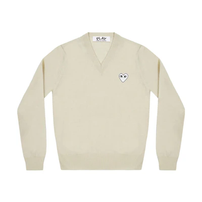 Comme Des Garçons CDG Play V-Neck Pullover Sweater White with Embroidered Heart. AZ-N064-051-3