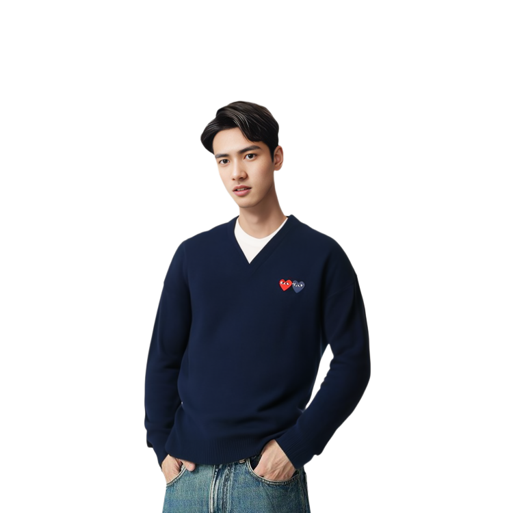 Comme Des Garçons CDG Play  V-Neck Pullover Sweater Double Heart Logo Navy Blue. AZ-N056-051-2 圖 3
