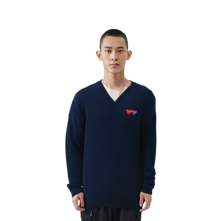 Comme Des Garçons CDG Play  V-Neck Pullover Sweater Double Heart Logo Navy Blue. AZ-N056-051-2 圖 4