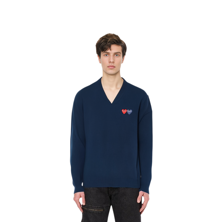 Comme Des Garçons CDG Play  V-Neck Pullover Sweater Double Heart Logo Navy Blue. AZ-N056-051-2 圖 5