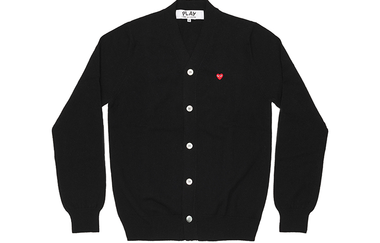 Comme Des Garçons CDG Play Black Cardigan Wool Sweater with Small Red Heart Logo for Men. AZ-N080-051-1