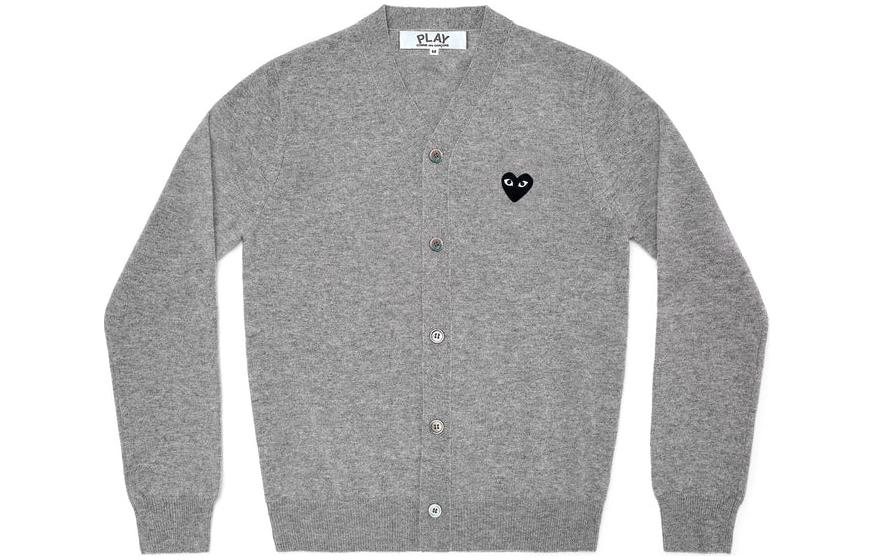 Comme Des Garçons CDG Play Black Heart V-Neck Cardigan Unisex Light Grey Sweater. AX-N024-051-TOP LIGHT GRAY