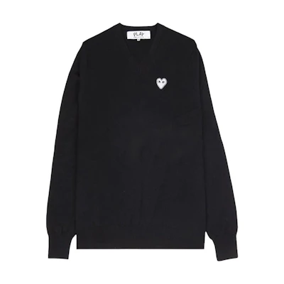 Comme Des Garçons CDG Play Black V-Neck Pullover Sweater with White Heart Logo (). AZ-N060-051-1