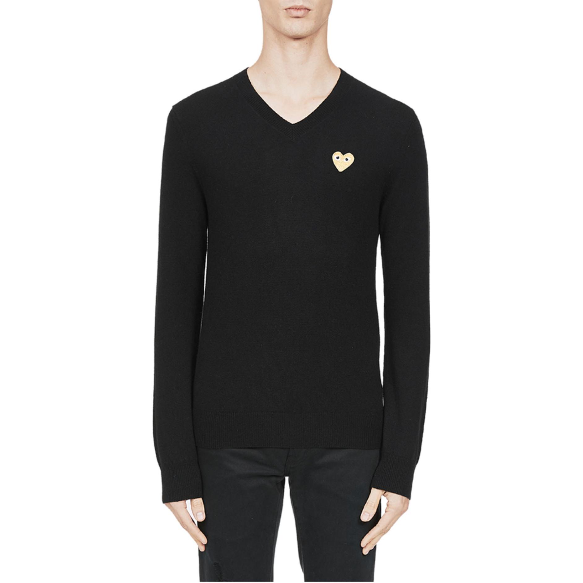 Lookbook Comme Des Garçons CDG Play Black V-Neck Sweater with Solid Color Logo Print  Edition. AZ-N048-051-1