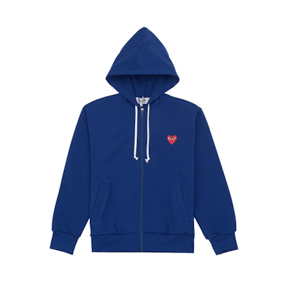 Comme Des Garçons CDG Play Blue Hoodie Jacket with Red Heart Zip-Up Design. AZ-T172-051-2