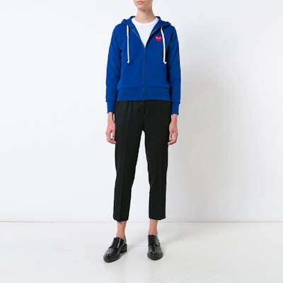 Comme Des Garçons CDG Play Blue Hoodie Jacket with Red Heart Zip-Up Design. AZ-T172-051-2 Details for Comme Des Garçons CDG Play Blue Hoodie Jacket with Red Heart Zip-Up Design. AZ-T172-051-2