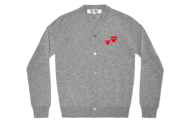 Comme Des Garçons CDG Play Double Heart Logo Cardigan Wool Sweater  Grey. AZ-N072-051-1