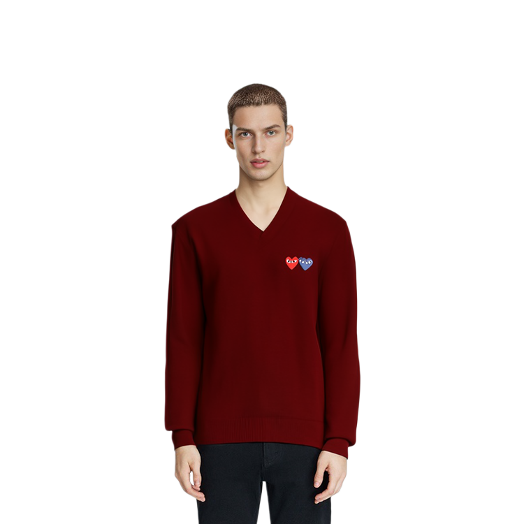 Comme Des Garçons CDG Play Dual Heart V-Neck Pullover Sweater Burgundy . AZ-N056-051-4 圖 3