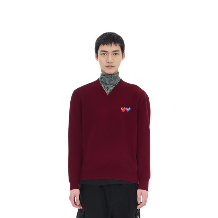 Comme Des Garçons CDG Play Dual Heart V-Neck Pullover Sweater Burgundy . AZ-N056-051-4 圖 4