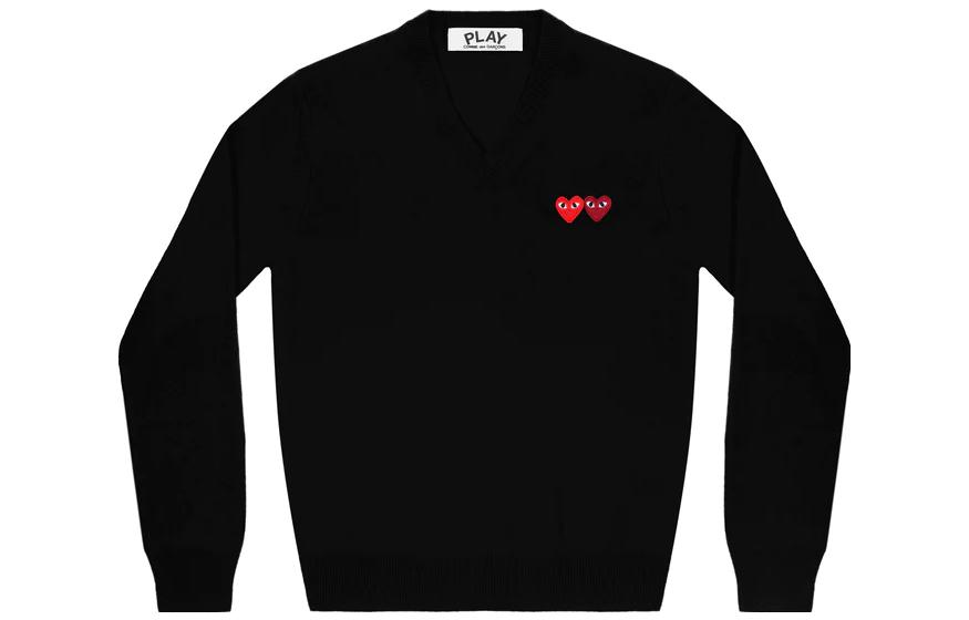 Comme Des Garçons CDG Play FW22  Black V-Neck Sweater with Brand Logo Print. AZ-N056-051-1