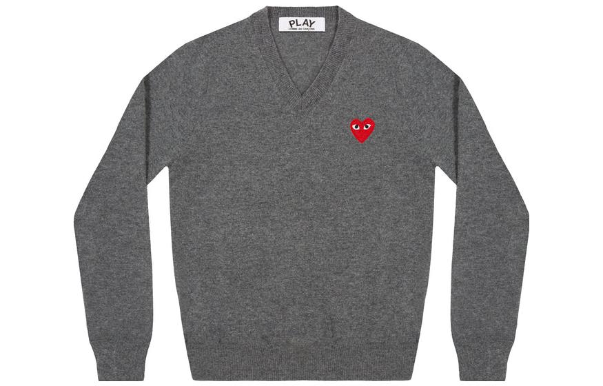Comme Des Garçons CDG Play FW22  Grey V-Neck Sweater with Heart Embroidery. AZ-N002-051-3