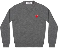 Comme Des Garçons CDG Play FW22 Grey V-Neck Sweater with Heart Embroidery. AZ-N002-051-3 Comme Des Garçons CDG Play FW22 Grey V-Neck Sweater with Heart Embroidery. AZ-N002-051-3