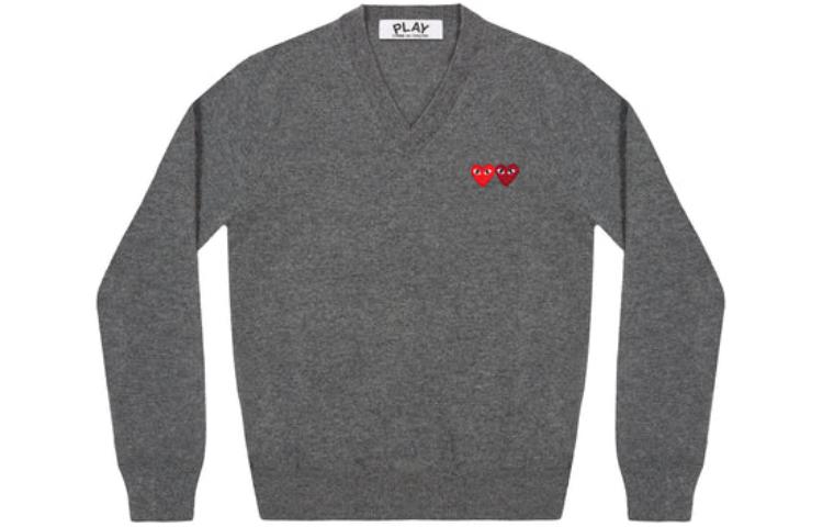 Comme Des Garçons CDG Play FW22 Double Heart V-Neck Wool Sweater Grey . AZ-N056-051-3