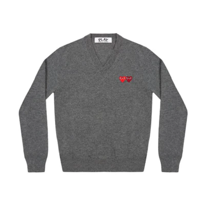 Comme Des Garçons CDG Play FW22 Double Heart V-Neck Wool Sweater Grey . AZ-N056-051-3
