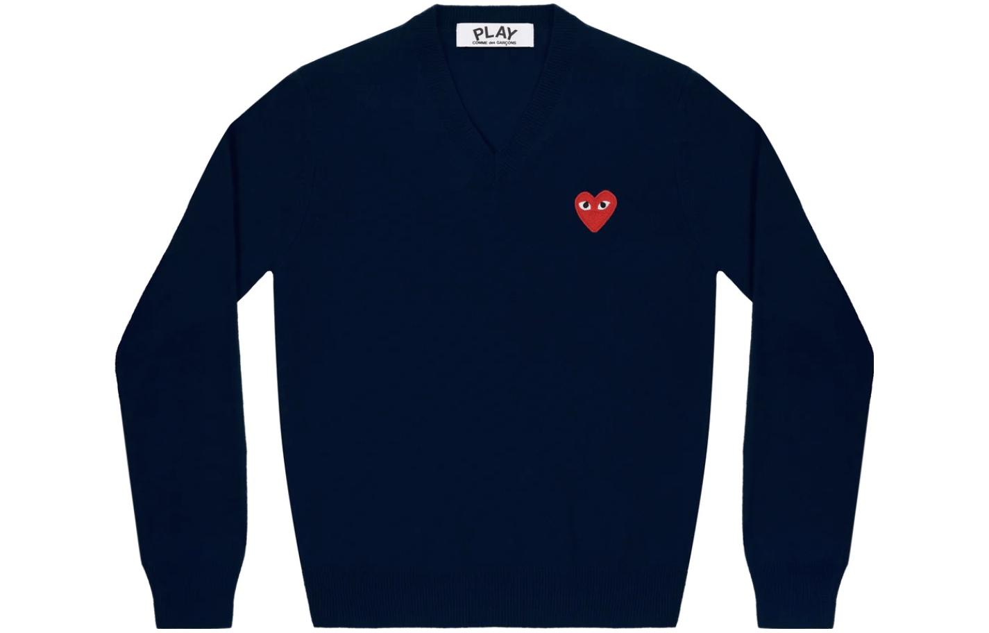 Comme Des Garçons CDG Play FW22 V-Neck Pullover Sweater with Heart Embroidery Unisex Navy Blue. AZ-N002-051-2
