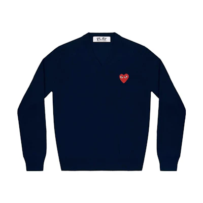 Comme Des Garçons CDG Play FW22 V-Neck Pullover Sweater with Heart Embroidery Unisex Navy Blue. AZ-N002-051-2