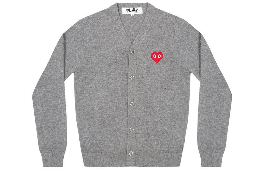 Comme Des Garçons CDG Play Grey V-Neck Button-Up Cardigan with Heart Logo for Men. AZ-N084-051-2
