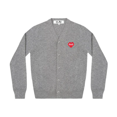 Comme Des Garçons CDG Play Grey V-Neck Button-Up Cardigan with Heart Logo for Men. AZ-N084-051-2
