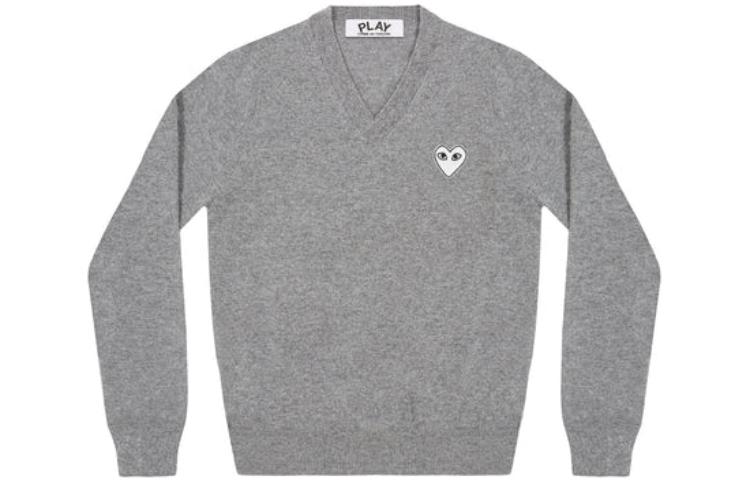 Comme Des Garçons CDG Play Grey V-Neck Pullover Knit Sweater Unisex with White Heart Logo. AZ-N063-051-1-yc
