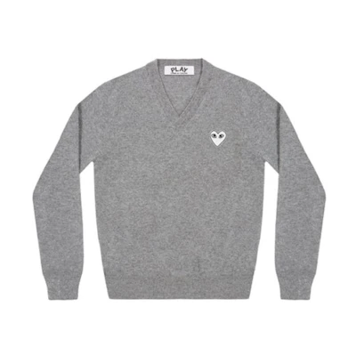 Comme Des Garçons CDG Play Grey V-Neck Pullover Knit Sweater Unisex with White Heart Logo. AZ-N063-051-1-yc