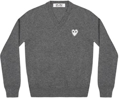 Comme Des Garçons CDG Play Grey V-Neck Pullover Sweater with White Heart Logo Men. AZ-N060-051-3 Comme Des Garçons CDG Play Grey V-Neck Pullover Sweater with White Heart Logo Men. AZ-N060-051-3