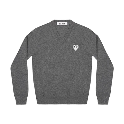 Comme Des Garçons CDG Play Grey V-Neck Pullover Sweater with White Heart Logo Men. AZ-N060-051-3