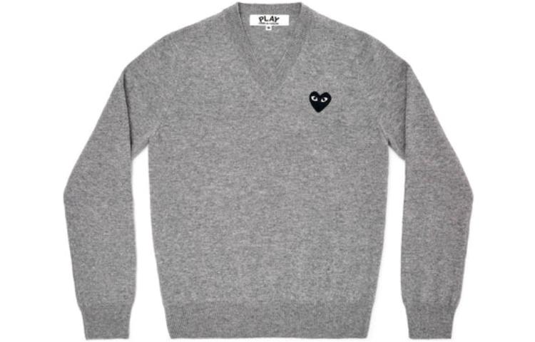 Comme Des Garçons CDG Play Grey V-Neck Pullover Sweater with Solid Logo for Men. AZ-N018-051-2