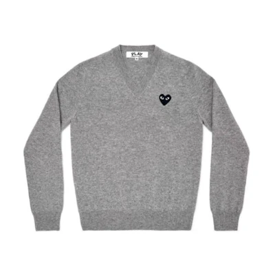 Comme Des Garçons CDG Play Grey V-Neck Pullover Sweater with Solid Logo for Men. AZ-N018-051-2