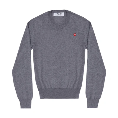 Comme Des Garçons CDG Play Grey V-Neck Pullover Sweater with Heart Logo (). AZ-N052-051-4