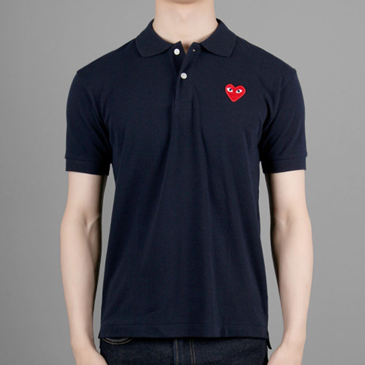 Details for Comme Des Garçons CDG Play Heart Polo Shirt Navy Blue with Red Heart Logo . AZ-T006-051-2
