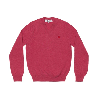 Comme Des Garçons CDG Play Pink V-Neck Sweater with Red Heart Logo for Men. AZ-N078-051-4